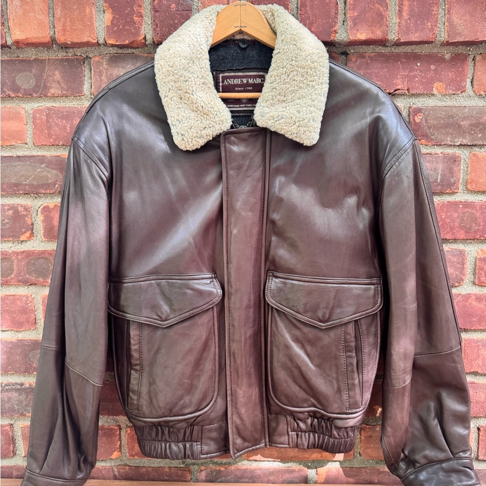 Andrew Marc Brown Leather Jacket with Shearling Collar